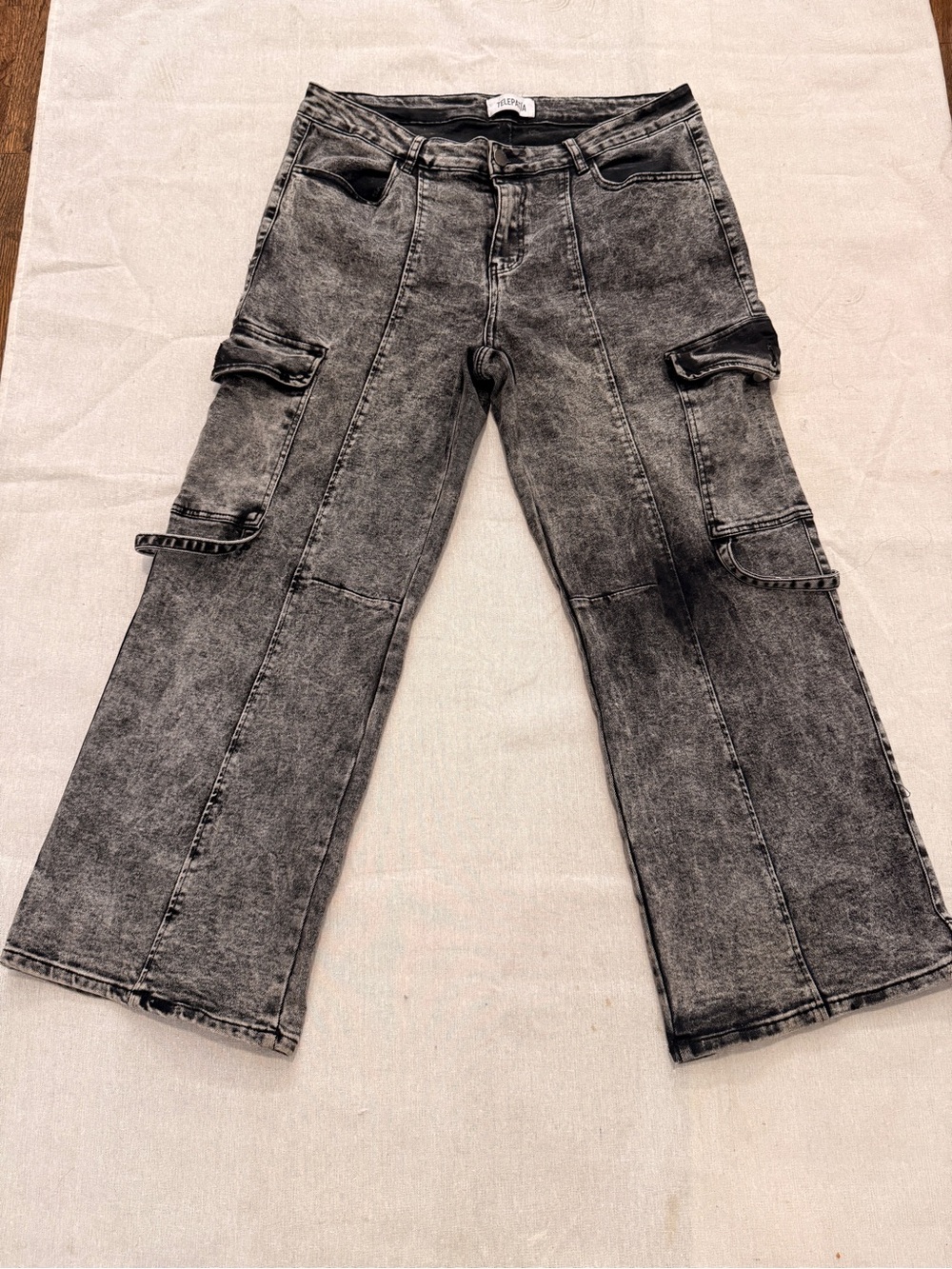 Telepatia Gray Acid Wash Cargo Jeans Size 18 Wide Leg Utility Streetwear